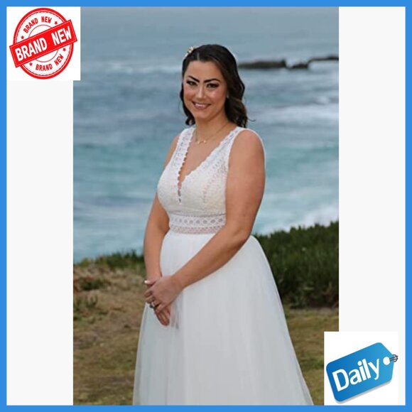 V-Neck Lace A-Line Wedding Dress with Tulle Layers Floor Length - Picture 2 of 7